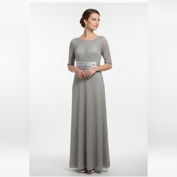 NWT Ever Pretty Dress Floral Lace Gray Satin Maxi Whimsigoth 12 - Picture 1 of 16